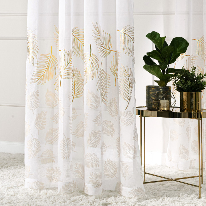 Firanka gotowa na przelotkach z etaminy MARIETTA 140x250 cm offwhite ze złotym-szampańskim