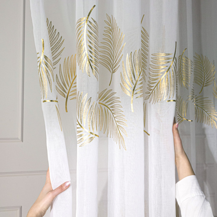 Firanka gotowa na taśmie z etaminy MARIETTA 140x250 cm offwhite ze złotym-szampańskim